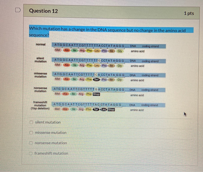 Solved Question 12 1 pts Which mutation has a change in the | Chegg.com