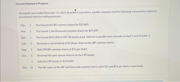 Solved During The Year Ended December 31,2024, Bramble | Chegg.com
