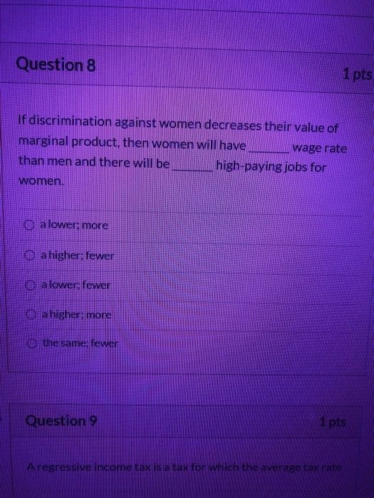 Solved Question 8 1 pts If discrimination against women | Chegg.com