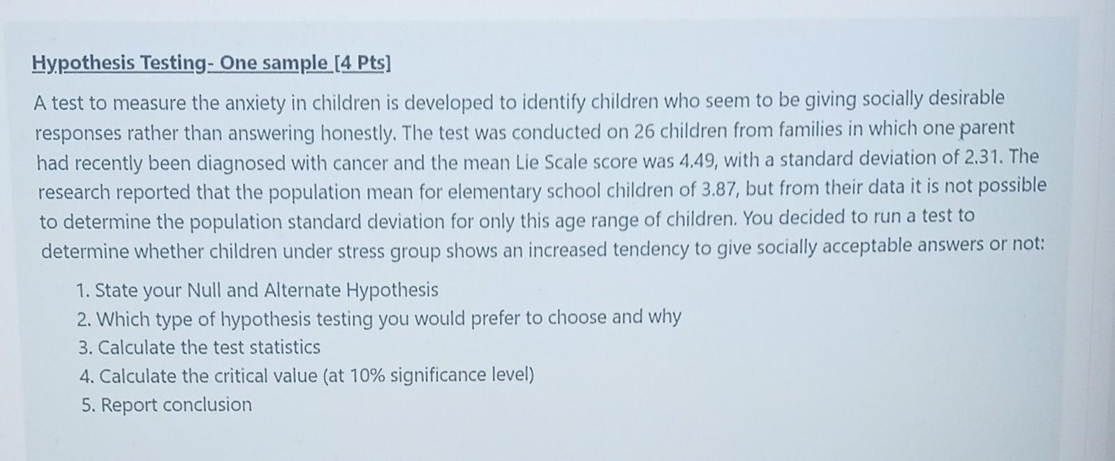 Solved Hypothesis Testing- One sample [4 Pts] A test to | Chegg.com