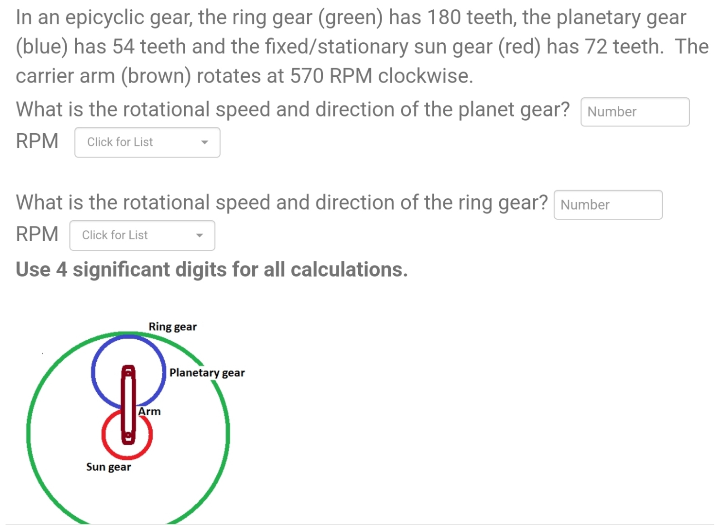 Gear Rpm Math Solved In an epicyclic gear, the ring gear (green) has 180 | Chegg.com