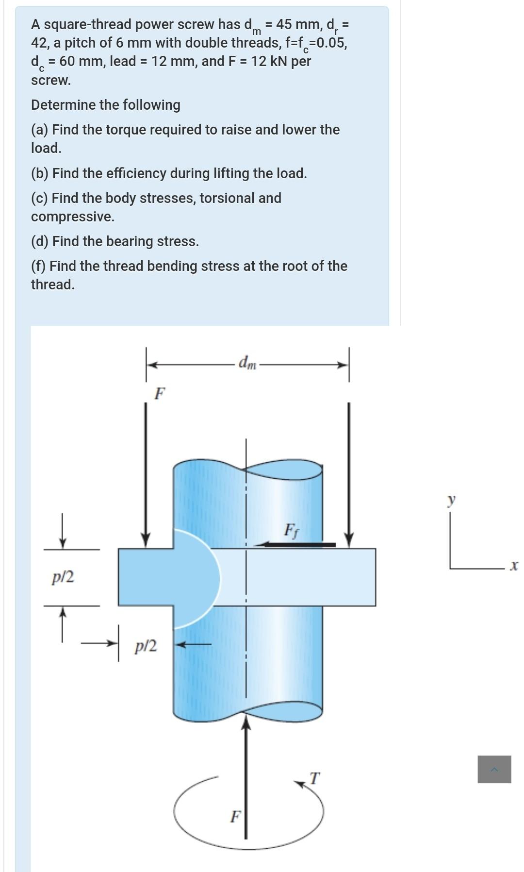 Solved square-thread power screw has dm = 45 mm, d. = 42, a | Chegg.com