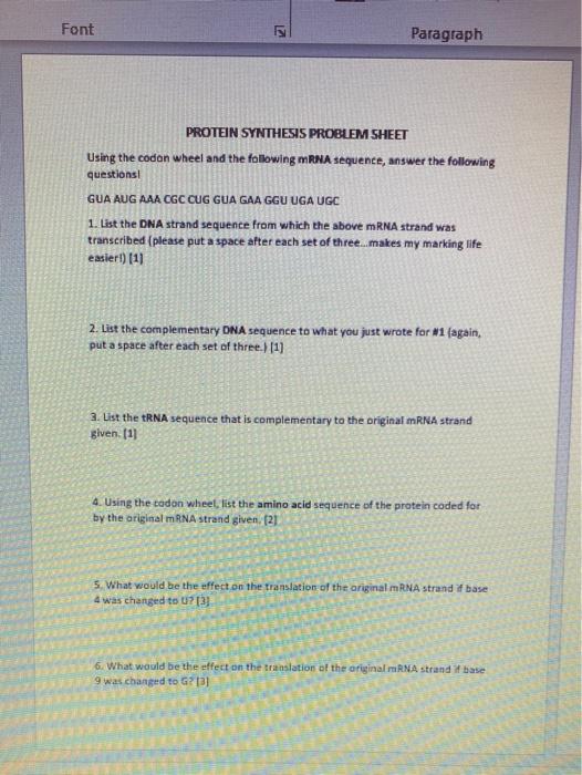 Solved Font LZ Paragraph PROTEIN SYNTHESIS PROBLEM SHEET | Chegg.com