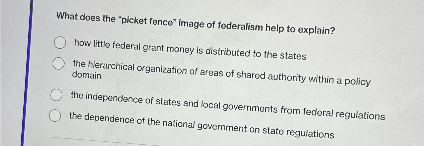 Solved What does the "picket fence" image of federalism help
