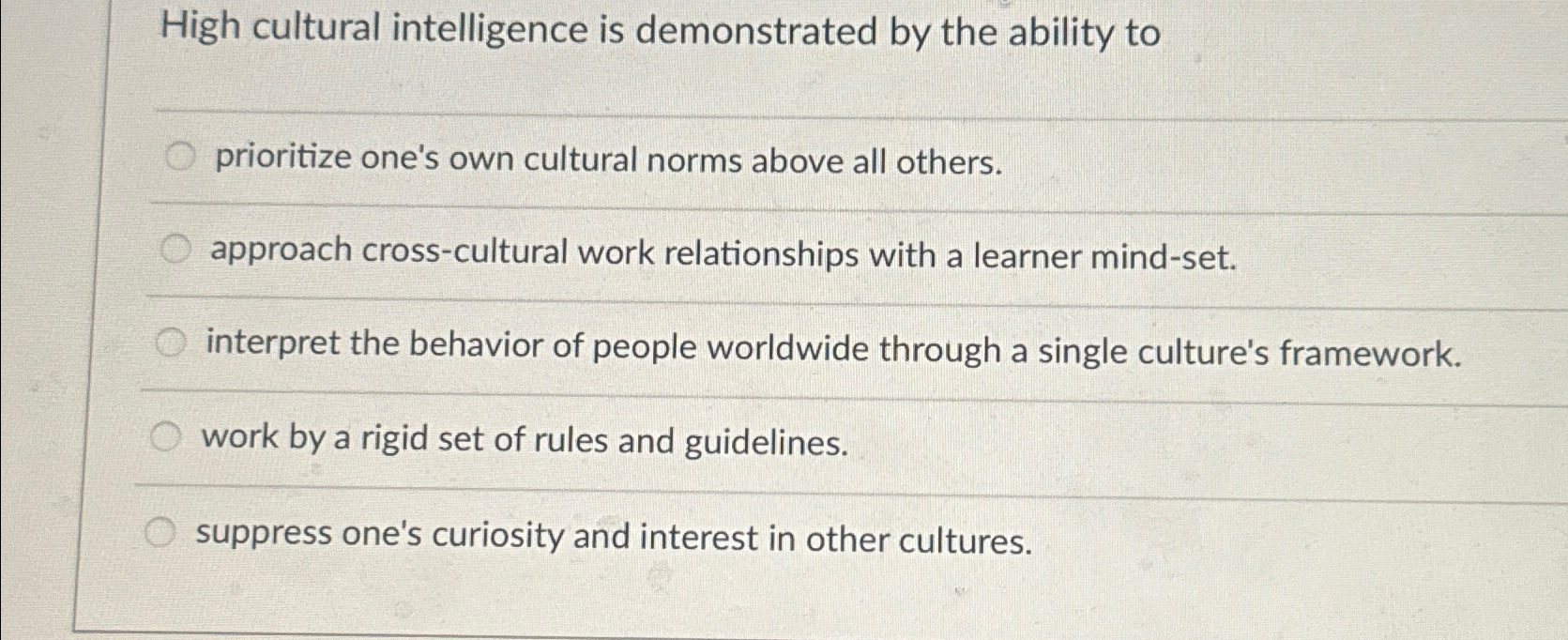 Solved High cultural intelligence is demonstrated by the