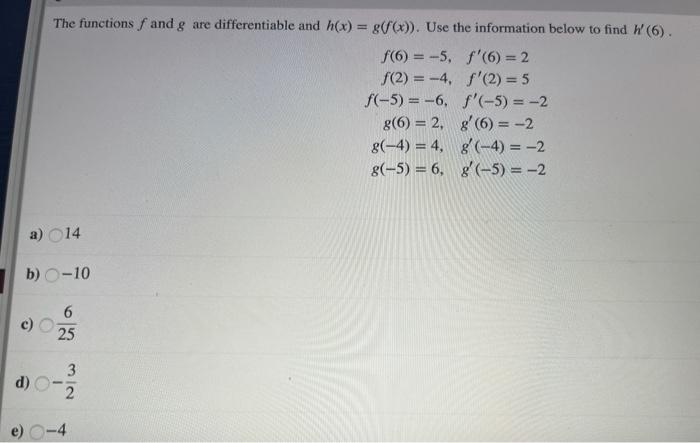 Solved The Functions F And G Are Differentiable And H X Chegg Com