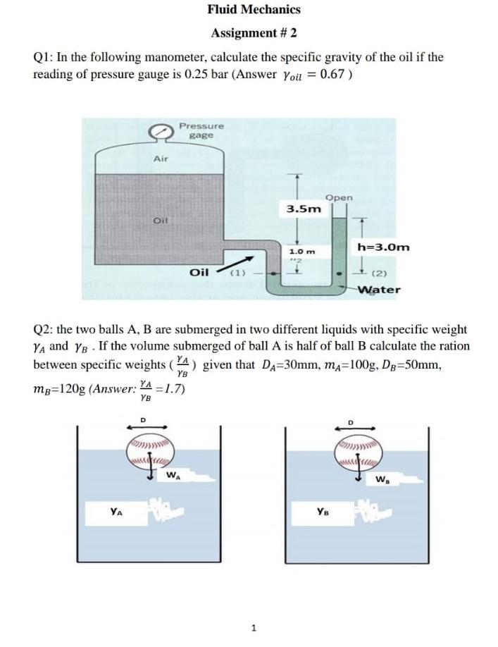 Solved Fluid Mechanics Assignment #2 Q1: In the following | Chegg.com