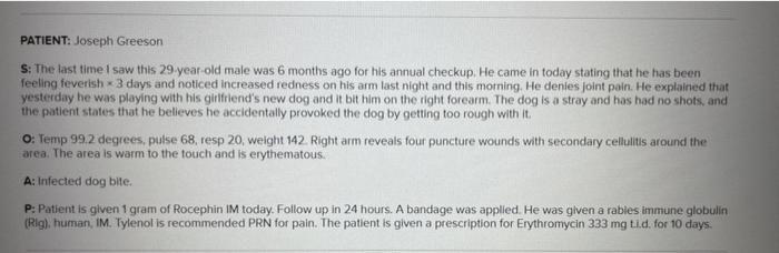 PATIENT: Joseph Greeson S: The last time I saw this 29-year-old male was 6 months ago for his annual checkup. He came in toda