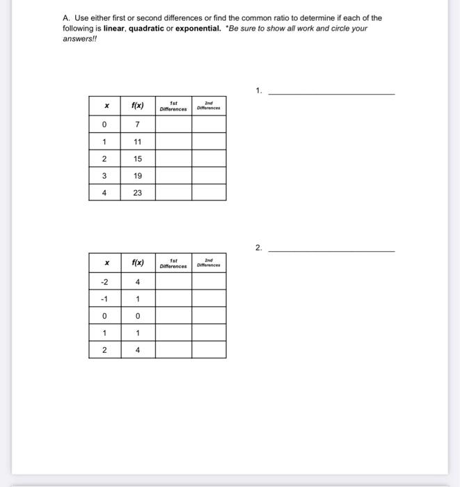 Solved A. Use either first or second differences or find the | Chegg.com