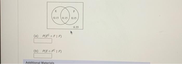 (a) \( P\left(E^{C} \cap F \mid F\right) \) (b) \( P\left(E \cap F^{C} \mid F\right) \)