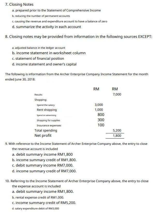 Solved 7. Closing Notes a. prepared prior to the Statement | Chegg.com