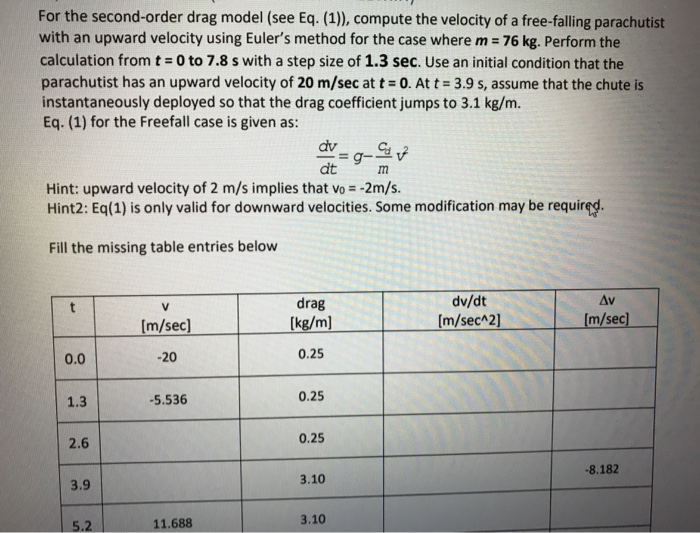 Solved For the second-order drag model (see Eq. (1)), | Chegg.com