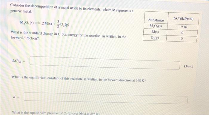 Solved Consider The Decomposition Of A Metal Oxide To Its | Chegg.com