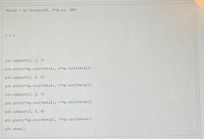 theta1 = np. linspace \( \left(\theta, 2^{*} n p . p i, 100\right) \) \( r=1 \) p1t. subplot \( (2,2,1) \) plt.plot(r*np.cos(