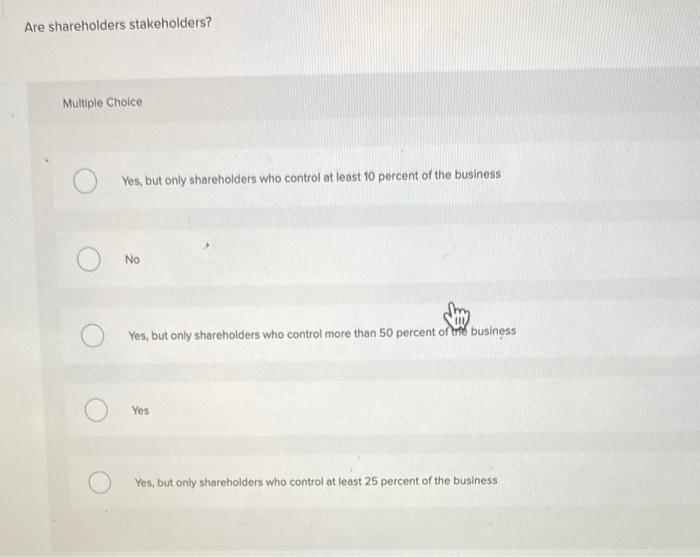 Solved Are shareholders stakeholders? Multiple Cholce Yes, | Chegg.com