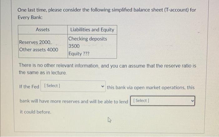 One last time, please consider the following simplified balance sheet (T-account) for Every Bank:

There is no other relevant