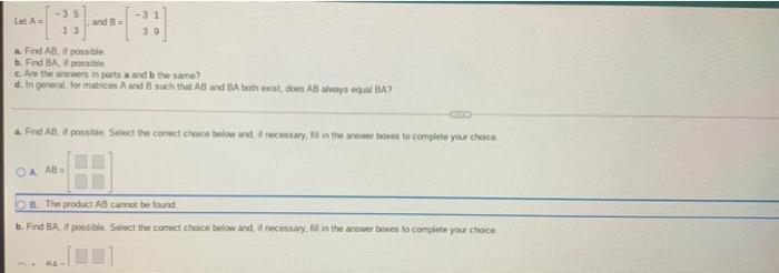 Solved -35 Le A= And B 13 39 And AB If Possible B. Find BA | Chegg.com