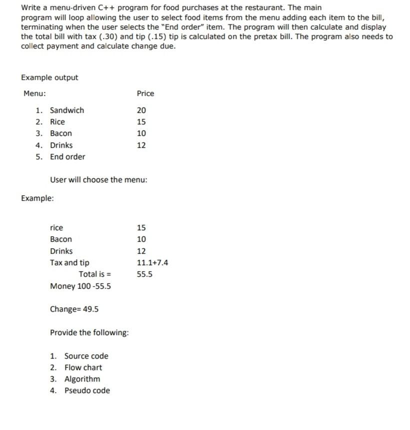 Solved Write a menu-driven C++ program for food purchases at | Chegg.com