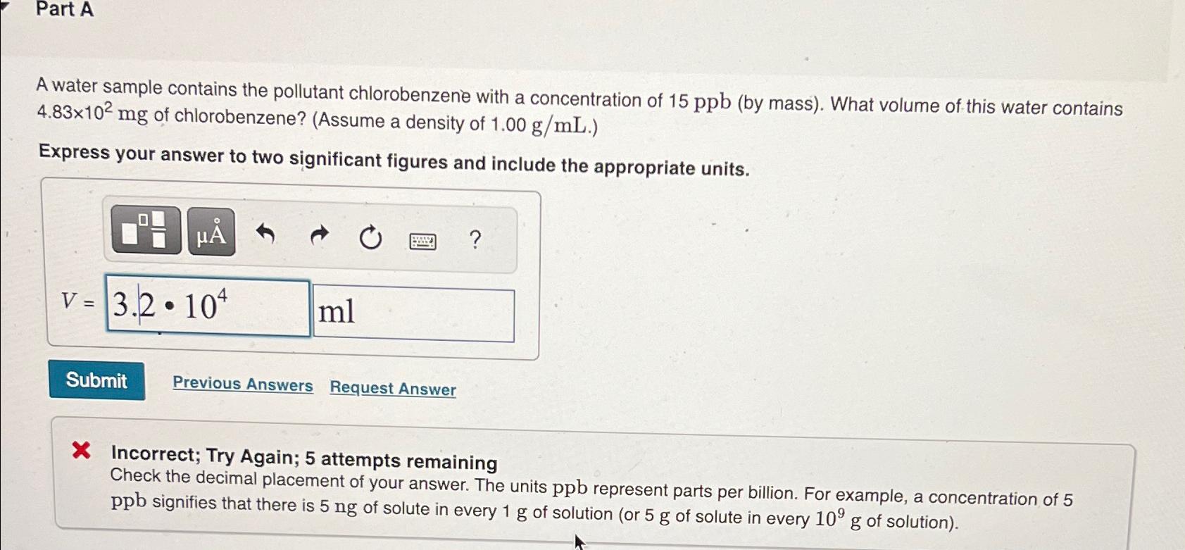 Solved Part AA water sample contains the pollutant | Chegg.com