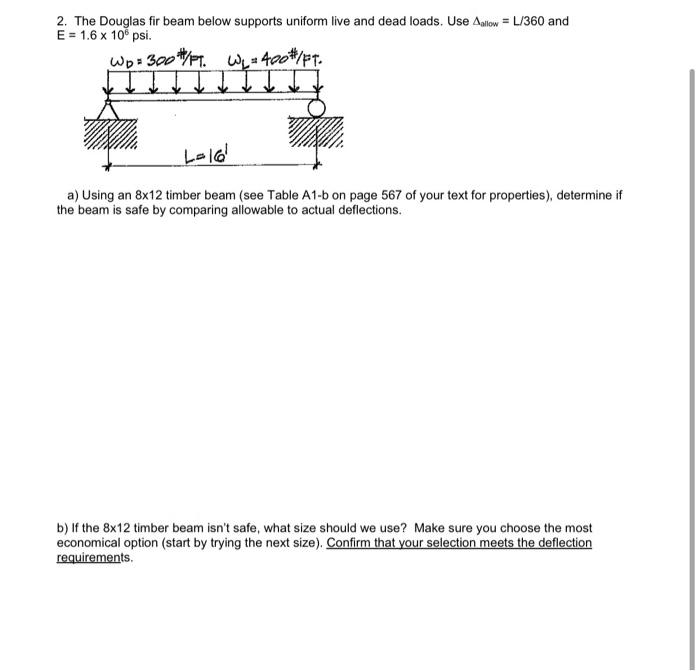 Solved 2. The Douglas fir beam below supports uniform live | Chegg.com