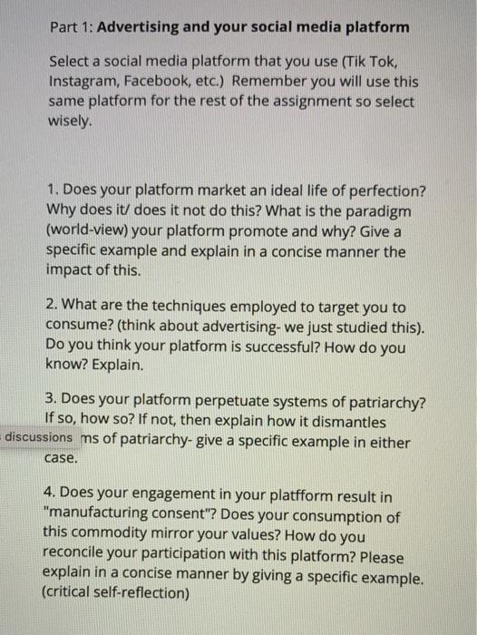 Solved Part 1: Advertising and your social media platform | Chegg.com