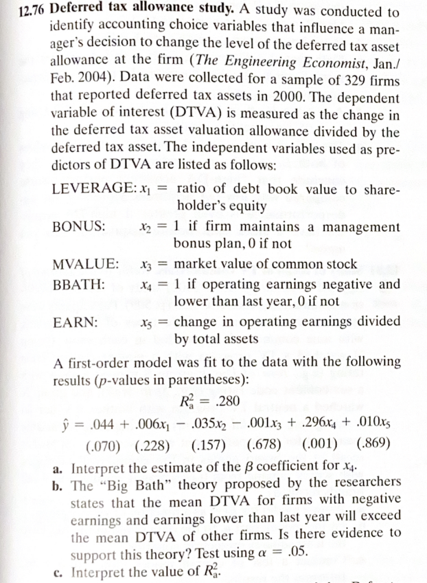 Solved 12.76 ﻿Deferred tax allowance study. A study was | Chegg.com