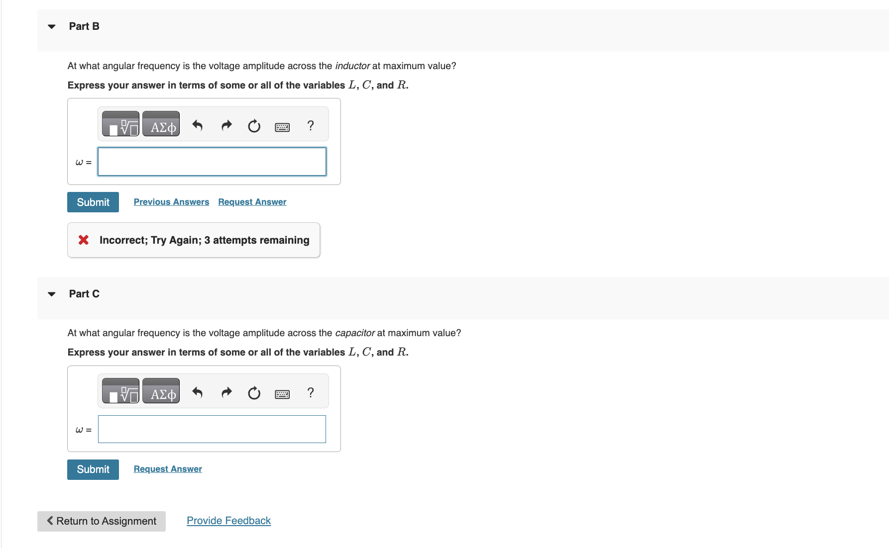 Part BAt what angular frequency is the voltage | Chegg.com