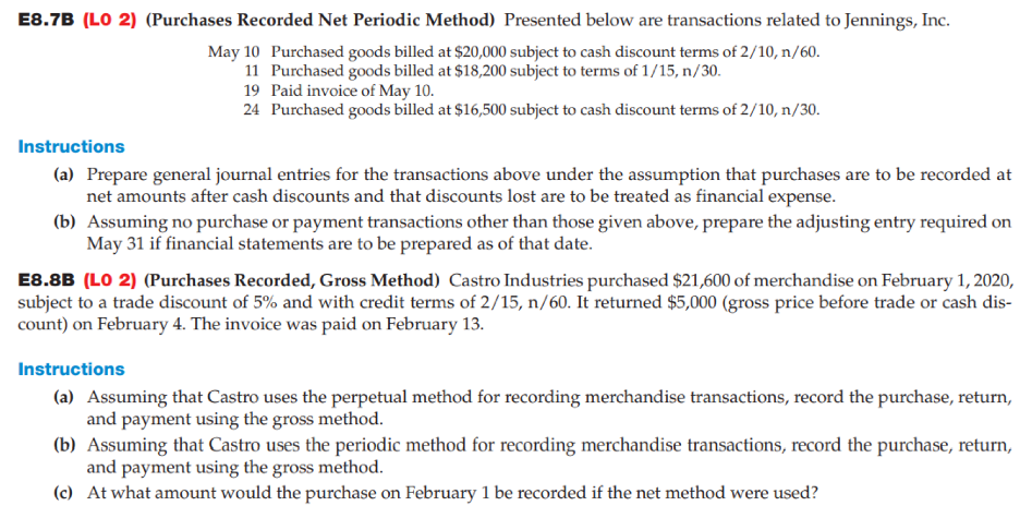 Solved E8.7B (LO 2) (Purchases ﻿Recorded Net Periodic | Chegg.com
