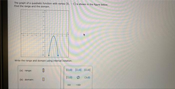 The graph of a quadratic function with vertex \( (4,-1) \) is shown in the figure below. Find the range and the domain.
Write