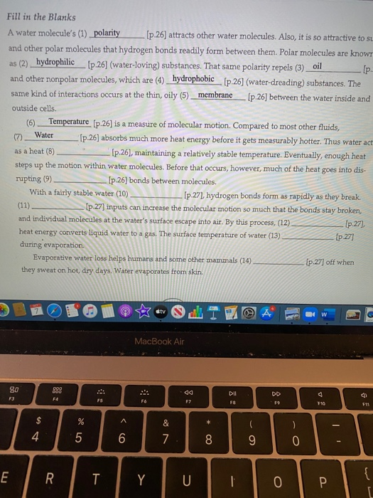 Solved Fill in the Blanks A water molecule&rsquo;s (1) polarity | Chegg.com