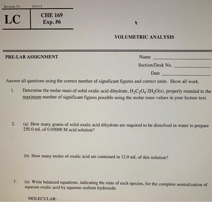Solved Revision 3.0 8/31/15 LC CHE 169 Exp. 6 VOLUMETRIC