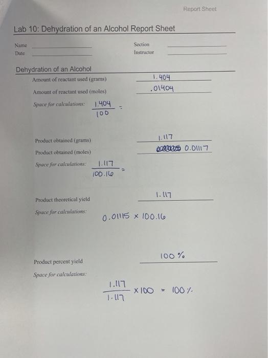 Report Sheet Lab 10 Dehydration of an Alcohol Report