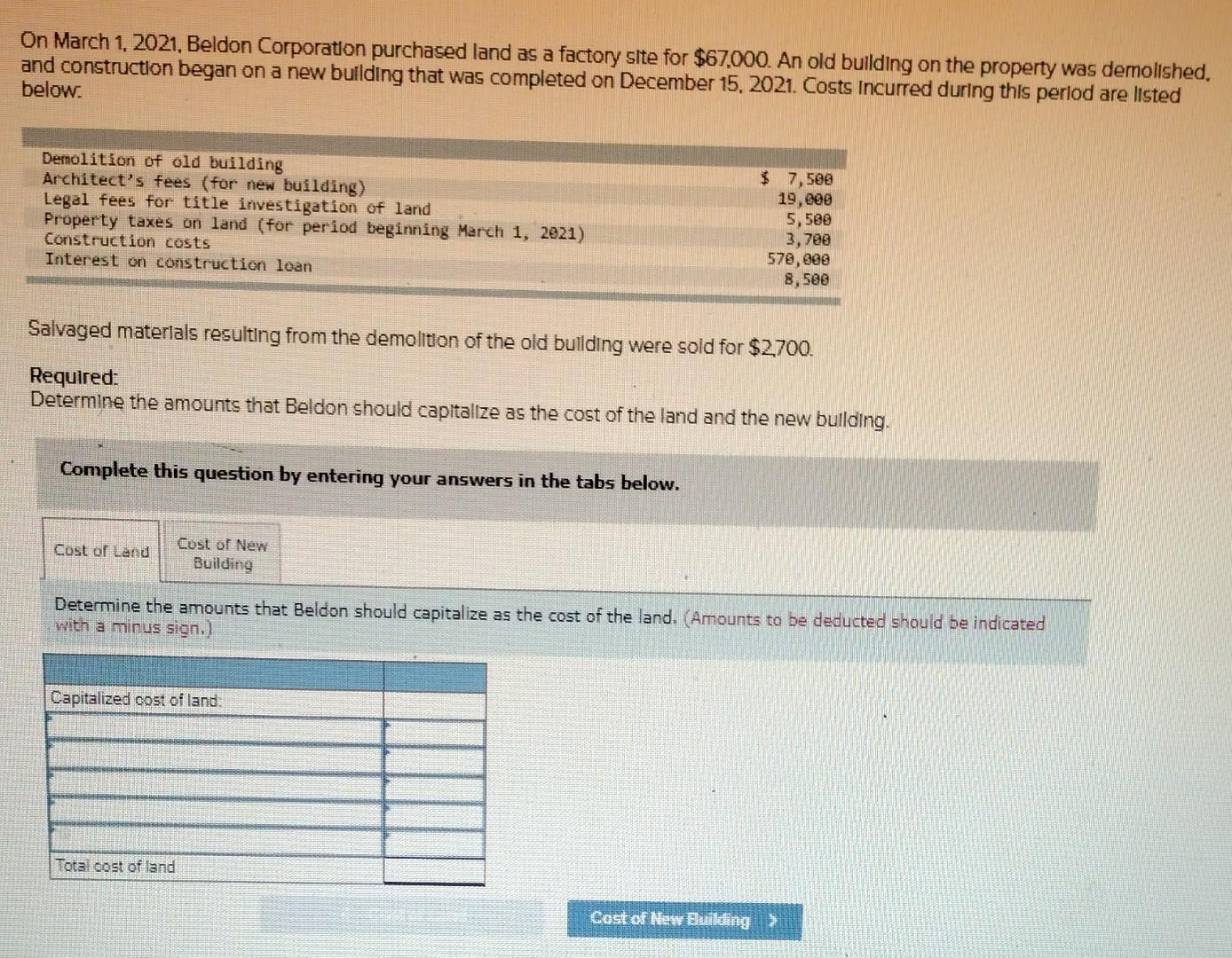 Solved On March 1, 2021, Beldon Corporation purchased land