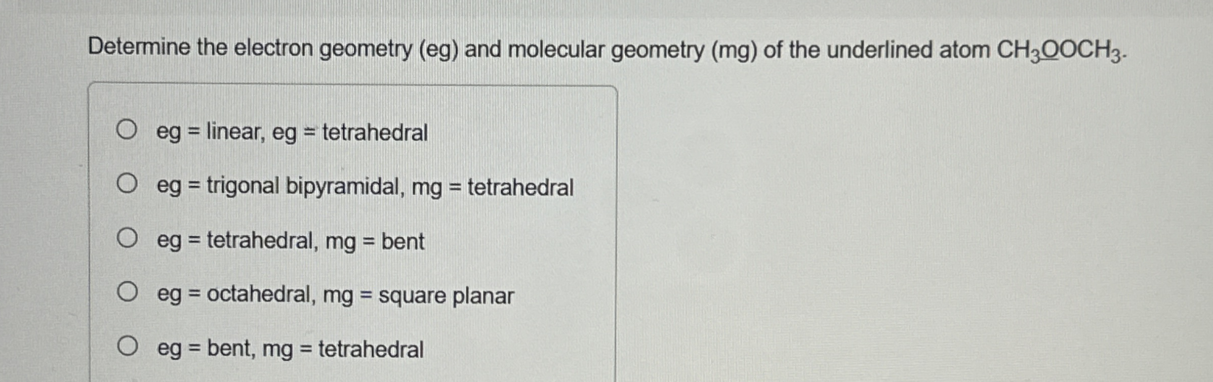 Solved Determine the electron geometry (eg) ﻿and molecular | Chegg.com