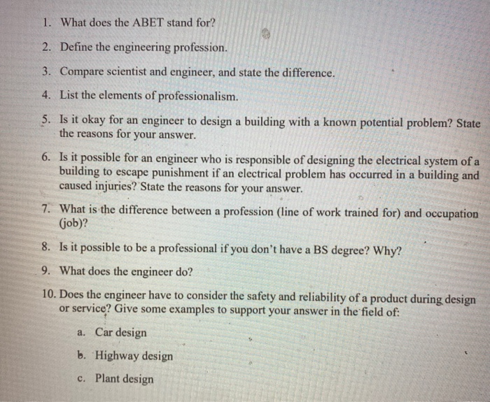 Solved 1. What does the ABET stand for? 2. Define the