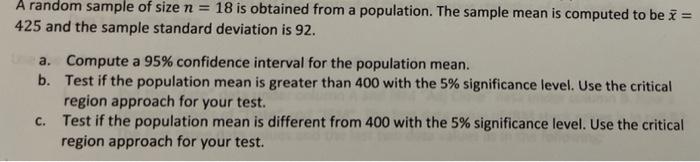 Solved A random sample of size n = 18 is obtained from a | Chegg.com