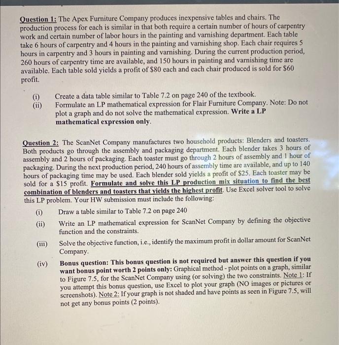 Solved Question 1 The Apex Furniture Company produces