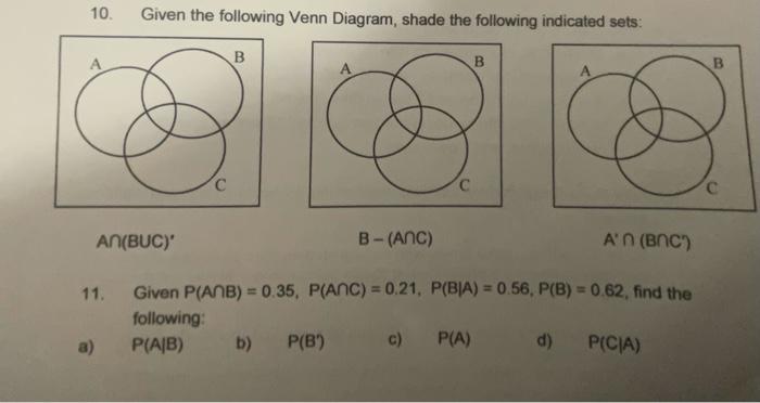 Solved 10. Given the following Venn Diagram, shade the | Chegg.com