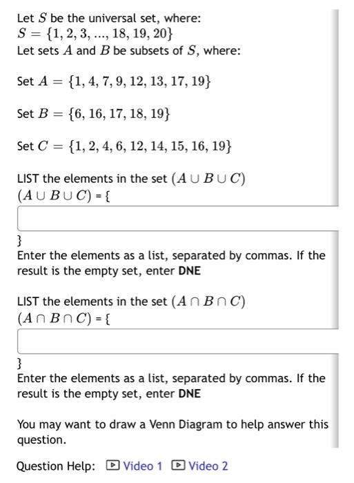 Solved Let S be the universal set, where: | Chegg.com