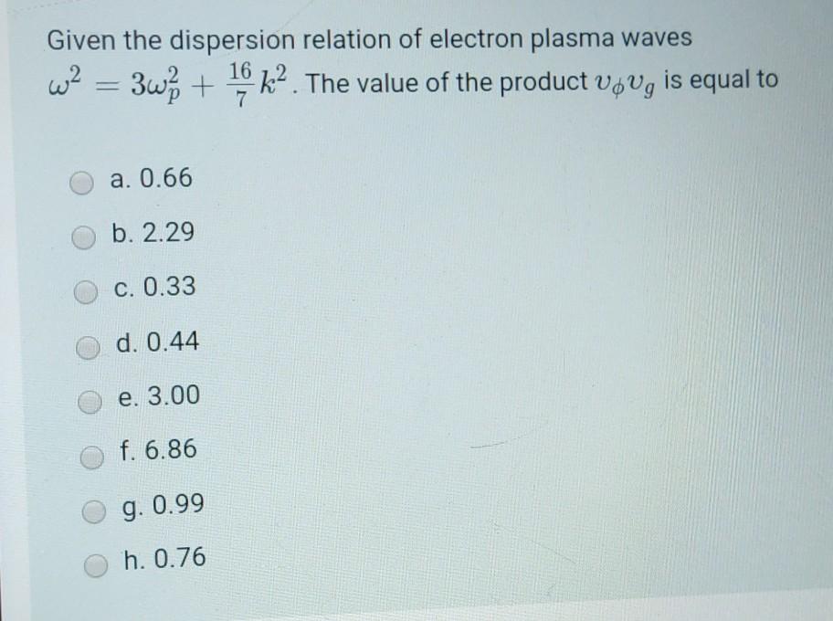 Solved Given the dispersion relation of electron plasma | Chegg.com