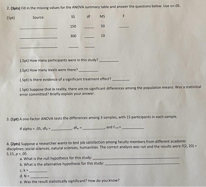 Solved 2. (3pts) Fill in the missing values for the ANOVA | Chegg.com