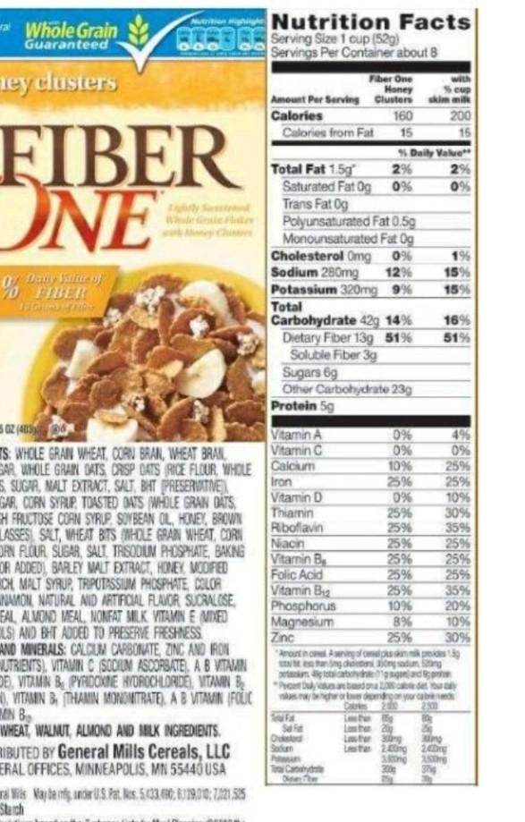 Solved with SCU FIBER ONE Whole Grain Turen Nutrition Facts