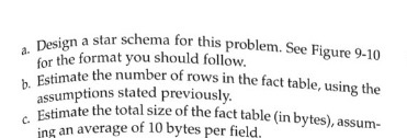 a. Design a sta b. Estimate the nun Design a star schema for this problem. See Figure 9.10 for the format you should follow.
