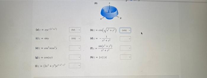 (a) \( z=x y e^{-\left(e^{2}+x^{5}\right)} \) (b) \( z=\cos \left(\sqrt{x^{2}+y^{2}}\right) \) (c) \( z=\sin y \) (d) \( z=-\