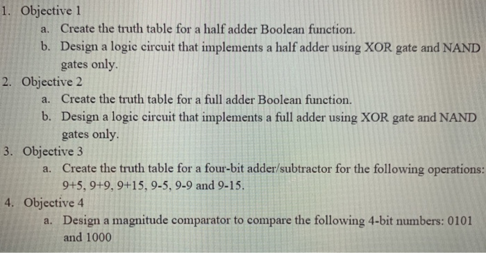 Solved 1. Objective 1 a. Create the truth table for a half | Chegg.com