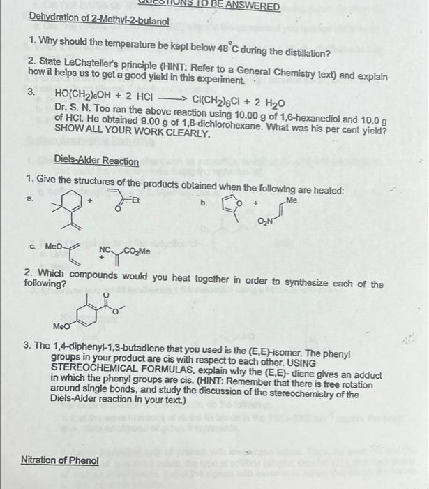 Solved TO BE ANSWERED Dehydration of 2-Methyl-2-butanol 1. | Chegg.com