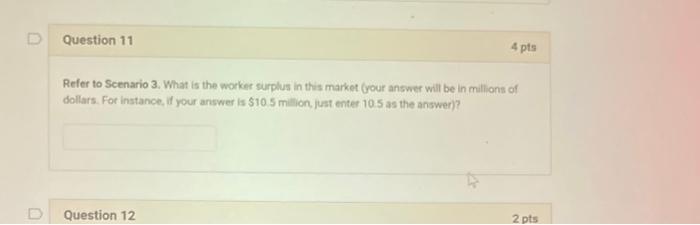 Refer to Scenario 3. What is the worker surplus in this market Gour answer will be in millions of dollars. For instance, if y