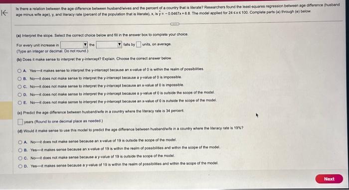 Solved (a) Interpret the slope. Select the correct cholce | Chegg.com