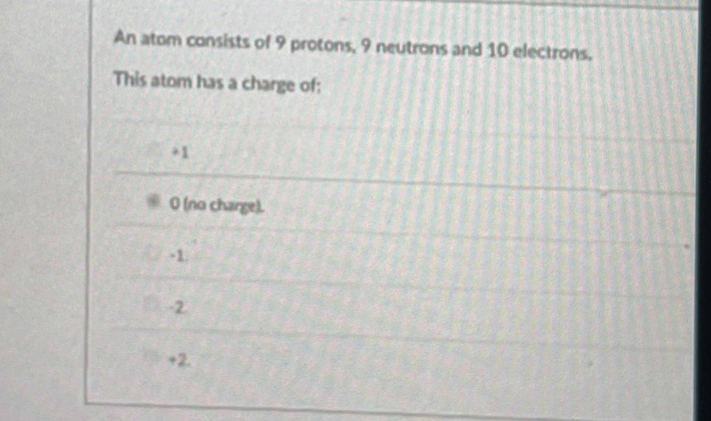 Solved An atom consists of 9 ﻿protons, 9 ﻿neutrons and 10 | Chegg.com