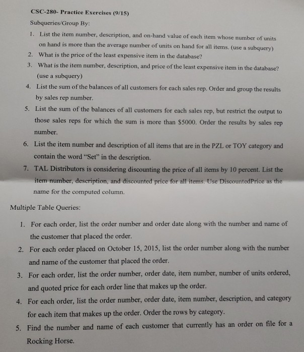 Used Csc Worksheet Solved CSC-280-Practice Exercises (9/15) Subqueries/Group | Chegg.com